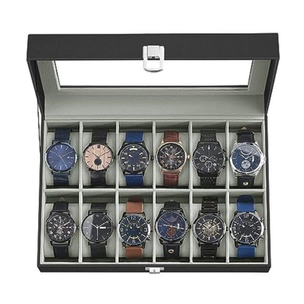 Watch Box, 12-Slot Watch Case Organizer with Large Glass Lid